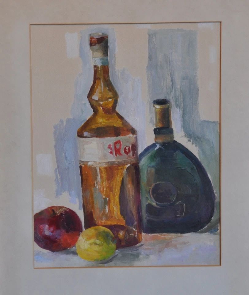 IRENA GRIEZE JONYNAS - STILL LIFE OIL PAINTING WINE BOTTLES FRUIT LITHUANIA: IRENA GRIEZE JONYNAS - STILL LIFE OIL PAINTING WINE BOTTLES FRUIT LITHUANIA Item Description: This original painting was done by Lithuanian artist Irena D. Grieze (Jonynas) 1931-2017. It is oil on wha