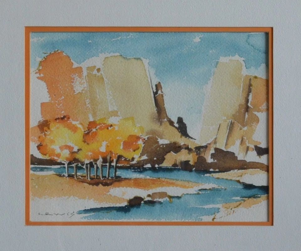 LEWIS - WATERCOLOR LANDSCAPE PAINTING - RED ROCKS CREEK IN FALL - ZION - FRAMED: LEWIS - WATERCOLOR LANDSCAPE PAINTING - RED ROCKS CREEK IN FALL - ZION - FRAMED This watercolor painting shows a clear blue stream flowing in front of dramatic rock cliffs. The trees are bright orange
