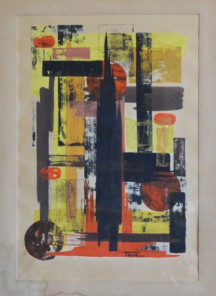 TRUDE - MID CENTURY ABSTRACT PAINTING - RED BLACK YELLOW: TRUDE - MID CENTURY ABSTRACT PAINTING - RED BLACK YELLOW This vintage abstract painting shows a combination of what looks to be "printed" blocks of color with painted lines of color. It is on paper an