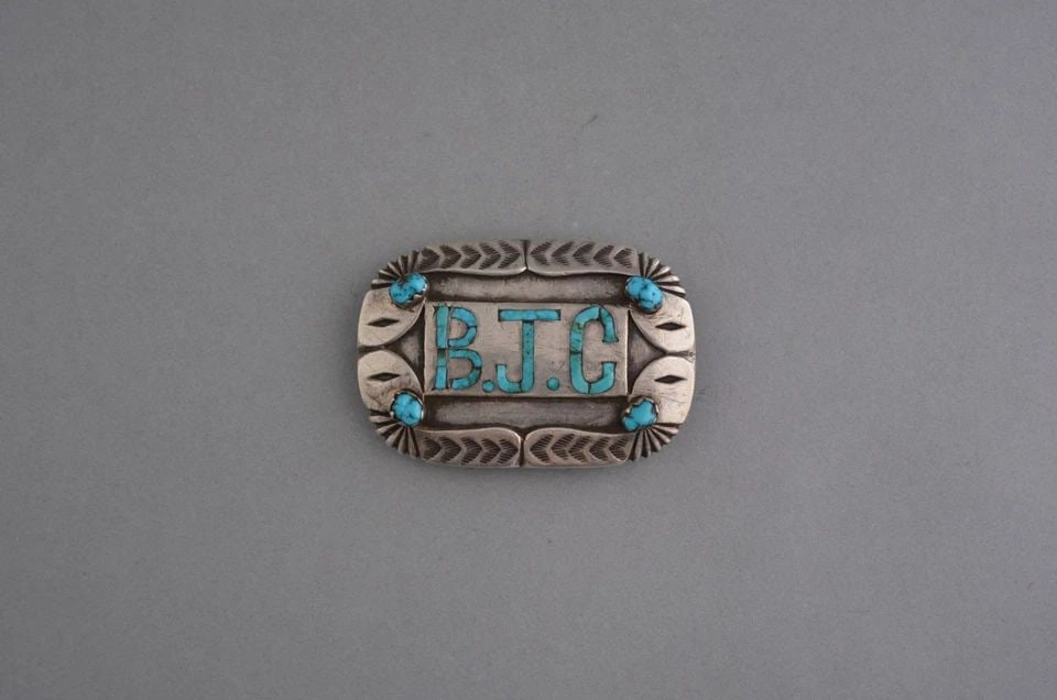 OLD PAWN NAVAJO STERLING SILVER HANDSTAMPED BUCKLE - TURQUOISE INLAY - 3" X 2": OLD PAWN NAVAJO STERLING SILVER HANDSTAMPED BUCKLE - TURQUOISE INLAY - 3" X 2" This old pawn Navajo sterling silver buckle shows some nice old silverwork. It measures 3" x 2". The edges are silver on 