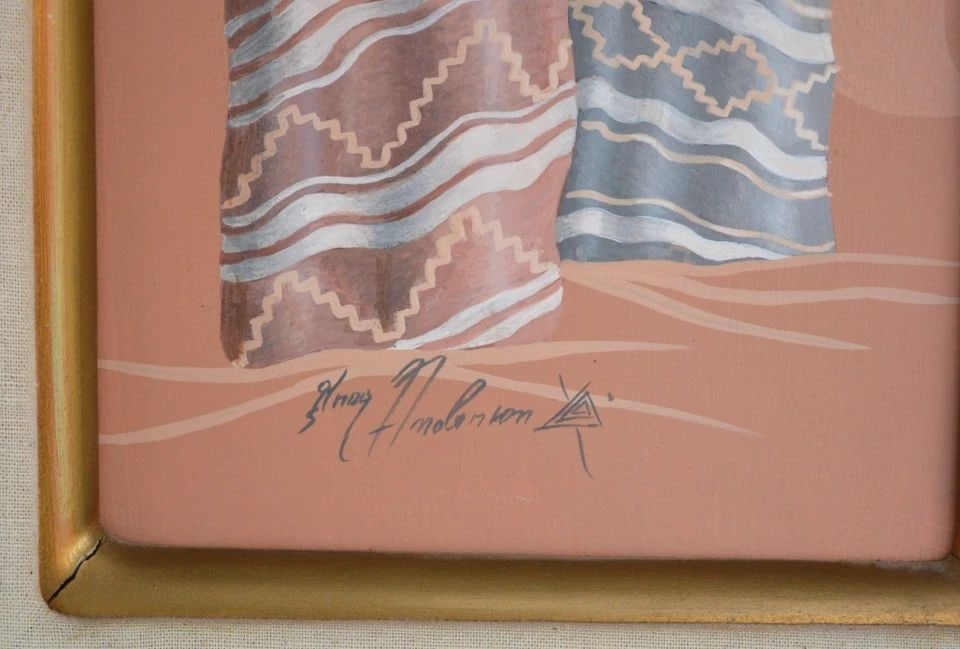 GREG ANDERSON - ORIGINAL PAINTING - SOUTHWEST PUEBLO WOMEN POTS BLANKETS: GREG ANDERSON - ORIGINAL PAINTING - SOUTHWEST PUEBLO WOMEN POTS BLANKETS This painting was done by Arizona artist Greg Anderson. It is acrylic on board and measures 20" x 8". The heavy wooden frame ac
