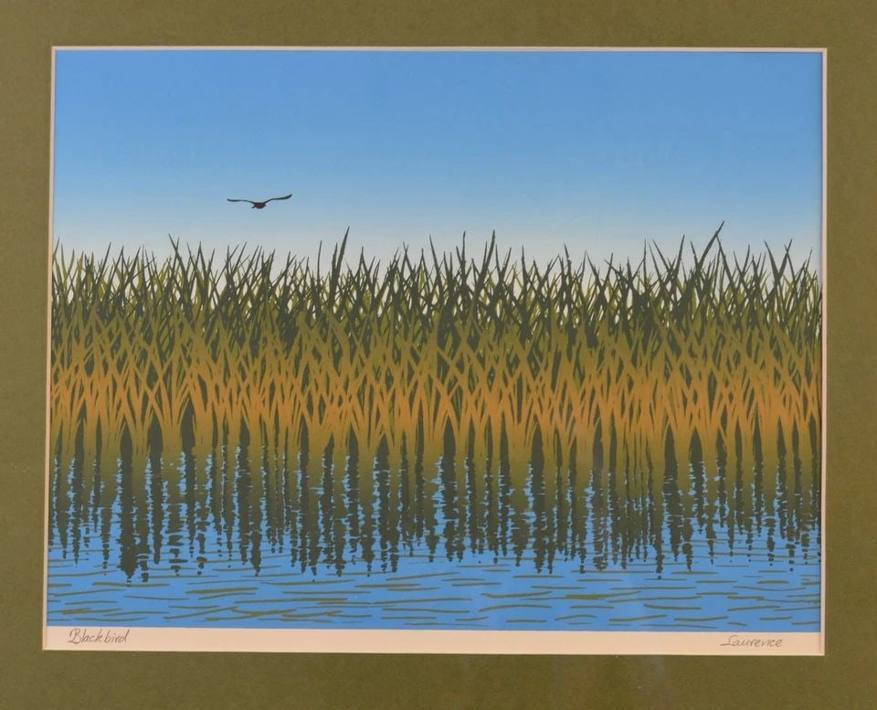 FRAMED SCREEN / BLOCK PRINT - BLACKBIRD BIRD FLYING ABOVE REEDS - PENCIL SIGNED (1 of 2)