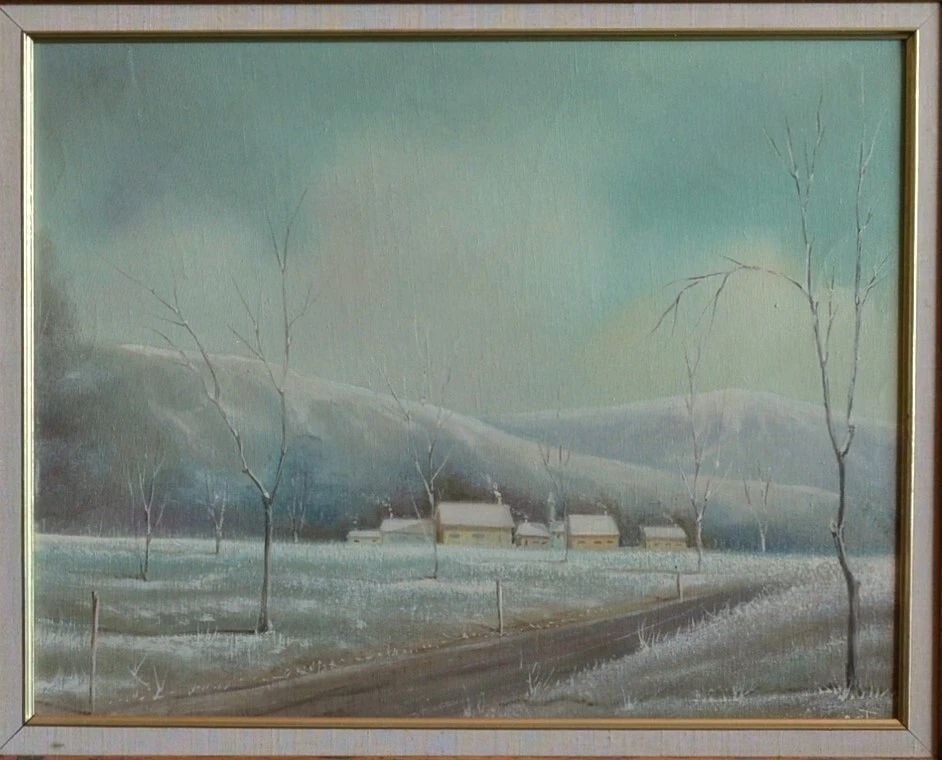 VINTAGE OIL PAINTING - SNOWY WINTER LANDSCAPE - ROLLING HILLS - FARM - SIGNED (1 of 2)