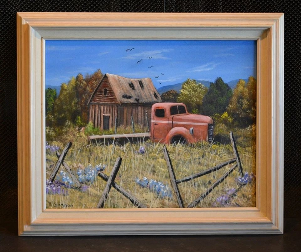 D. GAGNON - OIL PAINTING OLD WEST ABANDONED FLATBED TRUCK HOMESTEAD - ARIZONA: D. GAGNON - OIL PAINTING OLD WEST ABANDONED FLATBED TRUCK HOMESTEAD - ARIZONA This painting by Sedona Arizona artist D. Gagnon shows an old abandoned flatbed truck in front of an old Arizona homestead