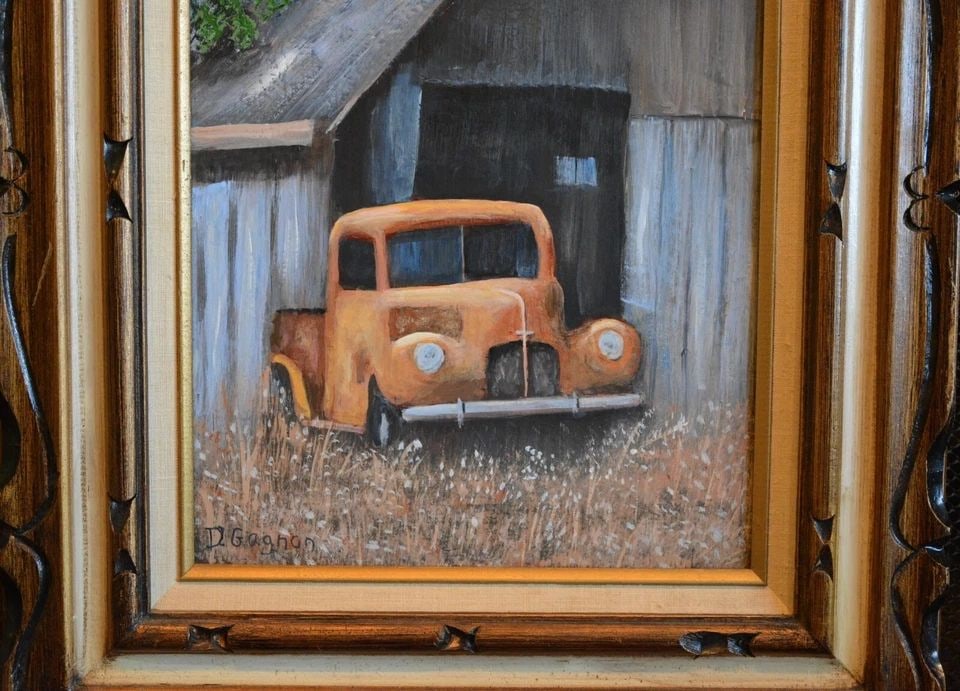 D. GAGNON - OIL PAINTING - OLD ABANDONED FORD PICKUP TRUCK - OLD BARN ARIZONA: D. GAGNON - OIL PAINTING - OLD ABANDONED FORD PICKUP TRUCK - OLD BARN ARIZONA This painting by Sedona artist D. Gagnon shows an old 1940s Ford Truck sitting at the open door of an old barn. The The pa
