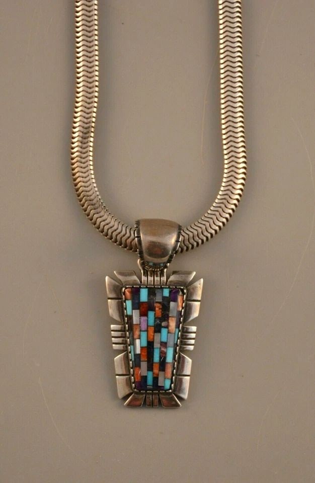 VINTAGE SOUTHWEST SILVER MICRO INLAY MULTI-STONE PENDANT NECKLACE - RELIOS - 18" (1 of 2)