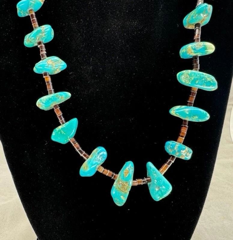 OLD PAWN NAVAJO TURQUOISE AND STERLING NECKLACE 27: OLD PAWN NAVAJO TURQUOISE AND STERLING NECKLACE 27” Old Pawn Navajo Turquoise Necklace 27" Nuggets are 1/4" to 1"