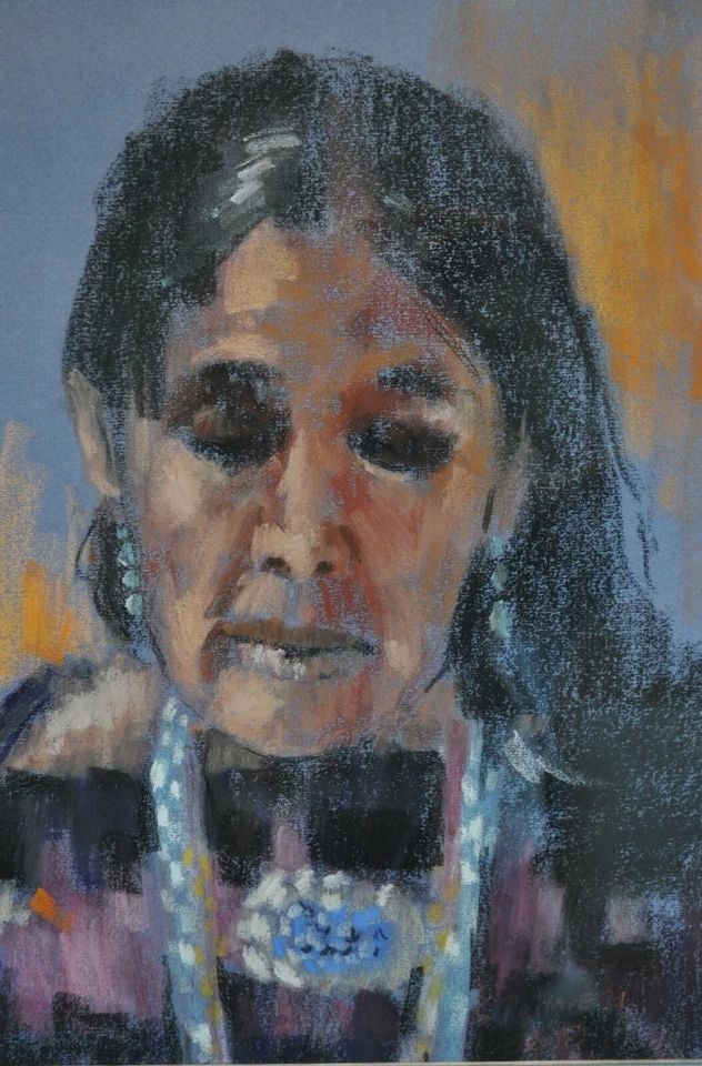 VINTAGE IMPRESSIONIST PORTRAIT OF A NAVAJO INDIAN WOMAN - PASTELS - S. PALMIERI: VINTAGE IMPRESSIONIST PORTRAIT OF A NAVAJO INDIAN WOMAN - PASTELS - S. PALMIERI Item Description: This lovely portrait of a Navajo woman was done by S. Palmieri. This colorful impressionist portrait h