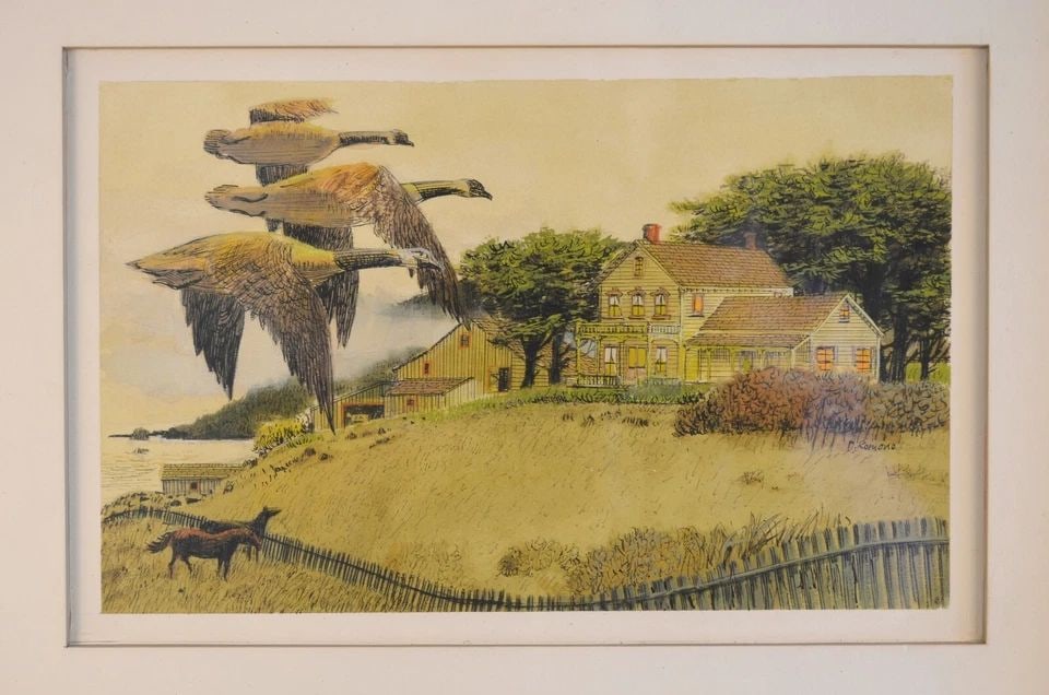 VTG. MIXED MEDIA PAINTING - FARMHOUSE HORSES COAST - CANADA GEESE - D. ROMONO (1 of 2)
