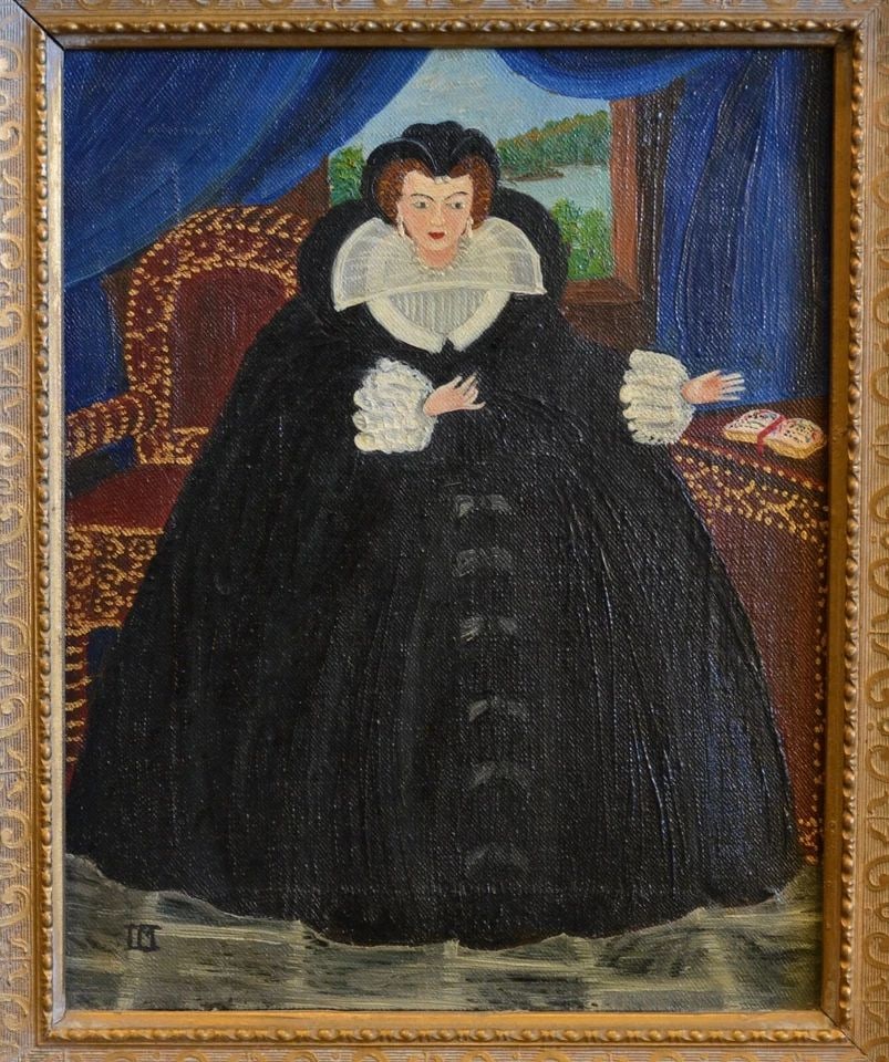 FRAMED PAINTING ELABORATE FRENCH 1616 COURT COSTUME - CLOSED RUFF - INEZ MAUTER (1 of 2)