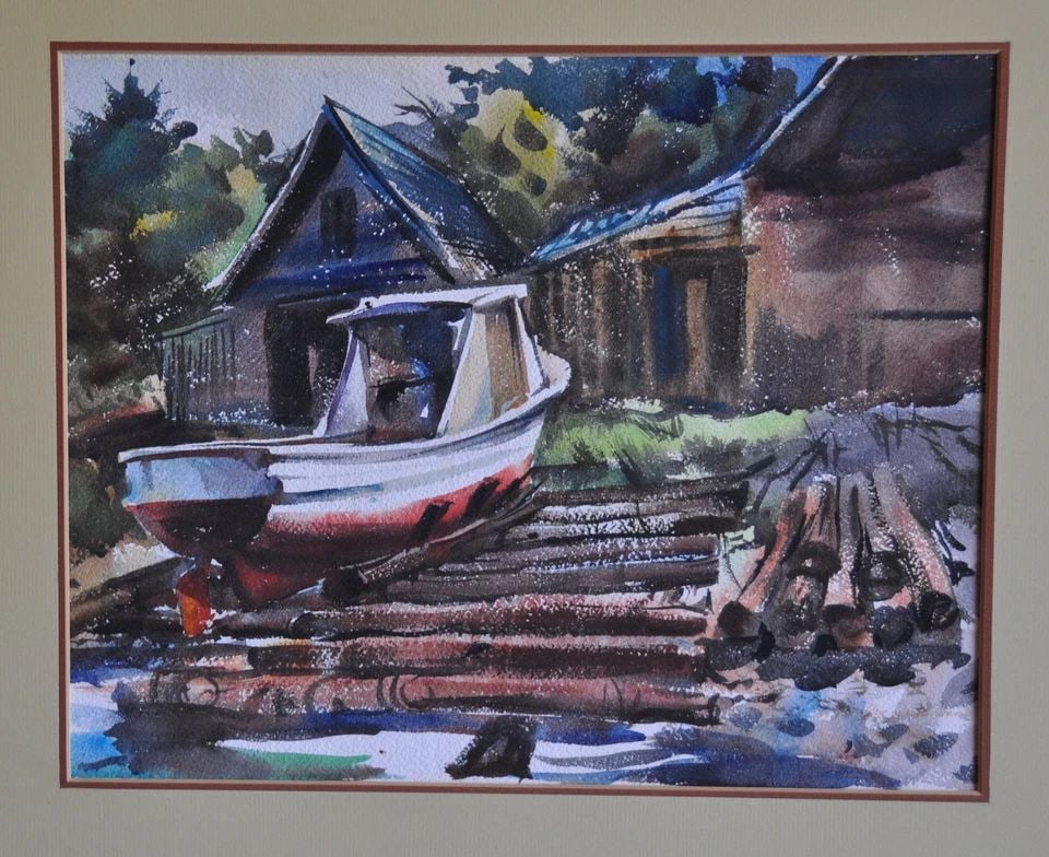 WATERCOLOR PAINTING - FISHING BOAT DOCKED AT CABIN ON LAKE: WATERCOLOR PAINTING - FISHING BOAT DOCKED AT CABIN ON LAKE Item Description: This original watercolor painting shows a motorboat docked on logs in front of a cabin. The painting has been well done wit