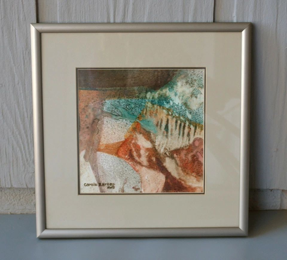 COLORADO ABSTRACT PAINTING - TURQUOISE & WARM EARTH TONES - CAROLE BARNES: COLORADO ABSTRACT PAINTING - TURQUOISE & WARM EARTH TONES - CAROLE BARNES Item Description: This abstract painting was done by Colorado artist Carole Barnes. It is acrylic paint on paper. It has been 