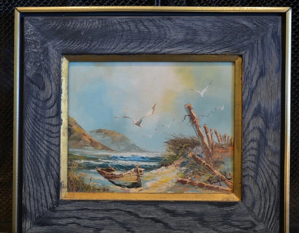 SM VTG OIL PAINTING OCEAN COASTLINE BEACH W BOAT SEAGULLS - RUSTIC FRAME - ENGEL: SM VTG OIL PAINTING OCEAN COASTLINE BEACH W BOAT SEAGULLS - RUSTIC FRAME - ENGEL Item Description: This vintage coastal landscape looks very reminiscent of the California coast along Big Sur. It is oi