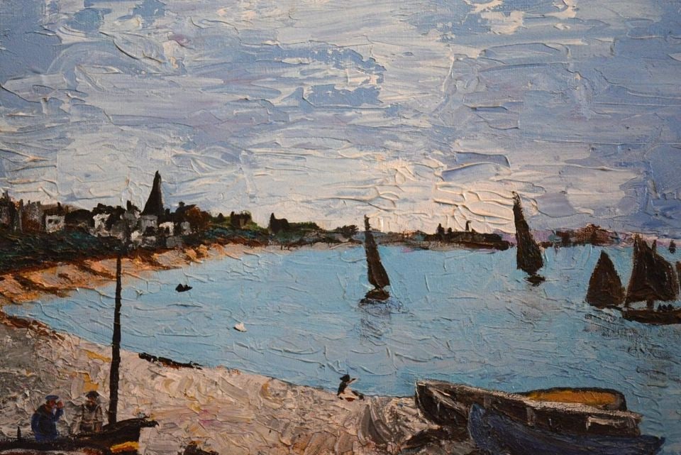 VINTAGE PAINTING OF INLET BAY - SAILBOATS - EUROPEAN VILLAGE - LARRY RUGOFF ?: VINTAGE PAINTING OF INLET BAY - SAILBOATS - EUROPEAN VILLAGE - LARRY RUGOFF ? This vintage painting shows a quiet inlet or bay with sailboats and what looks to be a European village in the background.