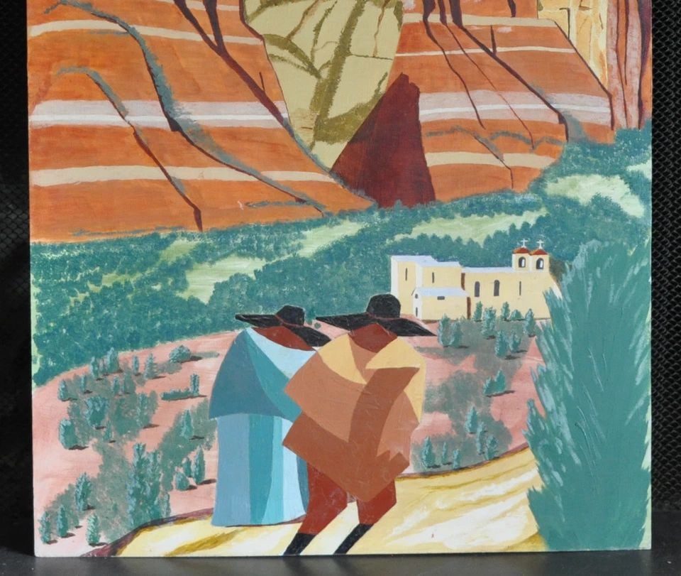 LARGE VINTAGE PAINTING - COPPER CANYON ? MEXICO - MISSION CHURCH: LARGE VINTAGE PAINTING - COPPER CANYON ? MEXICO - MISSION CHURCH Item Description: This vintage original painting on board has a wonderful composition and design with great colors. It shows a desert c
