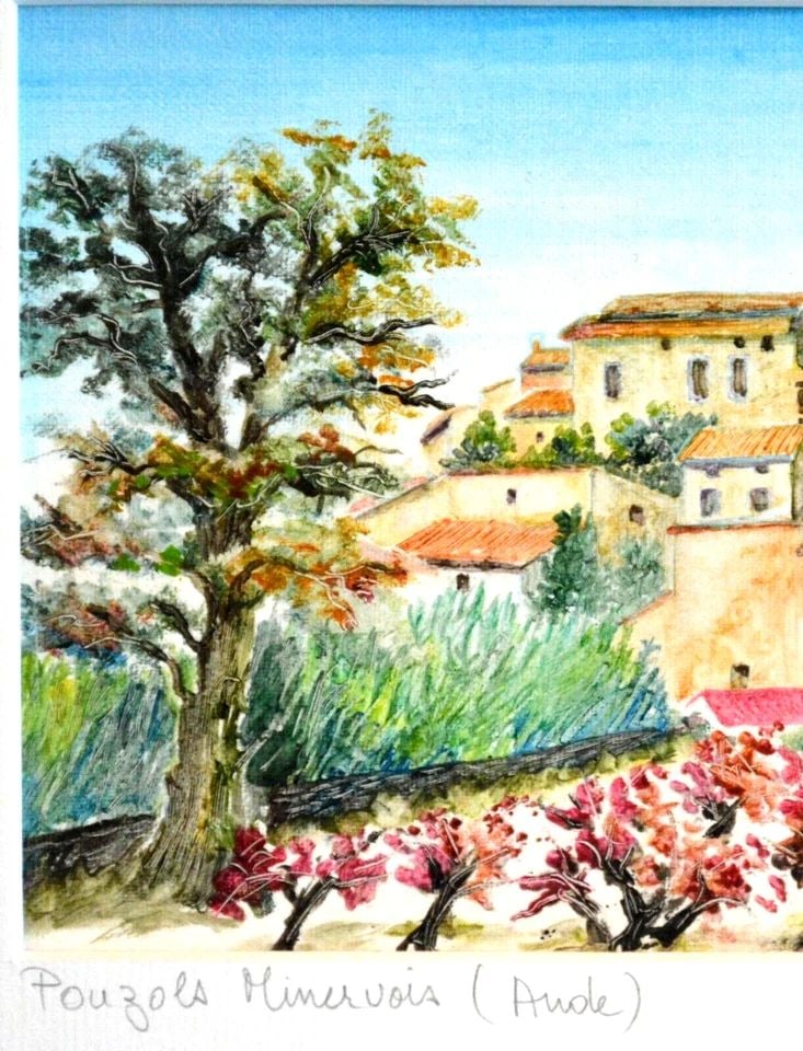 VINTAGE PAINTING SOUTH FRANCE - POUZOLS MINERVOIS - FRAMED: VINTAGE PAINTING SOUTH FRANCE - POUZOLS MINERVOIS - FRAMED Item Description: This vintage painting is titled, "Pouzols Minervois" which is a small village in southern France near the Mediterranean coa