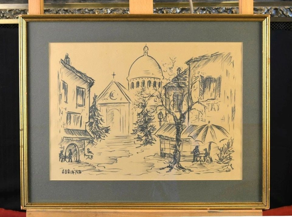 VINTAGE DRAWING - MONTMARTRE SACRE COEUR PARIS CAFES STREET SCENE - ADRIANA (1 of 2)