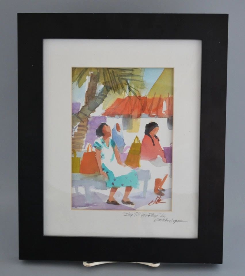 GRETCHEN LOPEZ - FRAMED ORIGINAL WATERCOLOR PAINTING - VILLAGE MARKET SCENE (1 of 2)