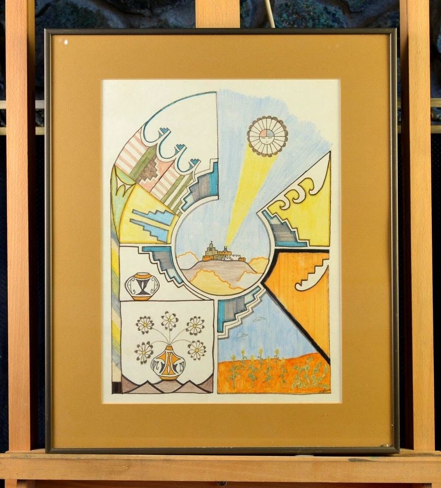 VINTAGE DRAWING NEW MEXICO INDIAN ACOMA PUEBLO- GEOMETRICS CORN SUN - JOSEPH (1 of 2)