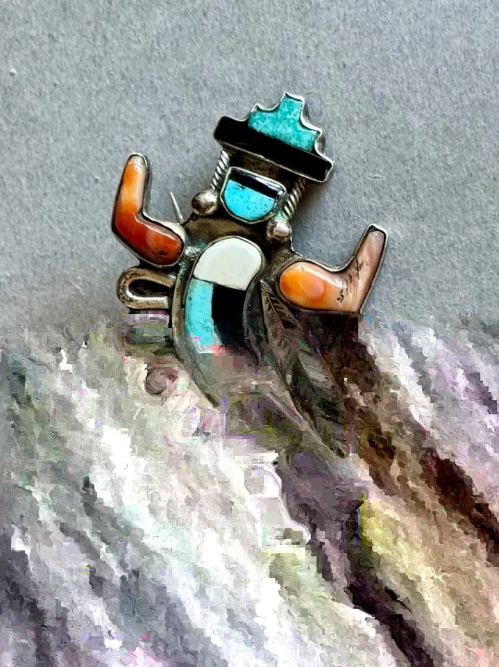 OLD PAWN ZUNI STERLING SILVER W INLAID TURQUOISE CORAL JET AND SHELL BROOCH PIN: OLD PAWN ZUNI STERLING SILVER W INLAID TURQUOISE CORAL JET AND SHELL BROOCH PIN Old Pawn Zuni Sterling Silver w Inlaid Turquoise Coral Jet and Shell Rainbow Man Brooch Pin ..1 3/4" Tall ..