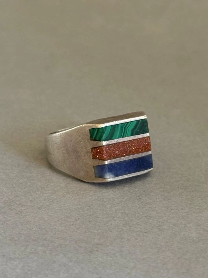 VINTAGE STERLING SILVER W INLAID MALACHITE GOLDSTONE AND LAPIS RING SZ 13 1/2 (1 of 2)