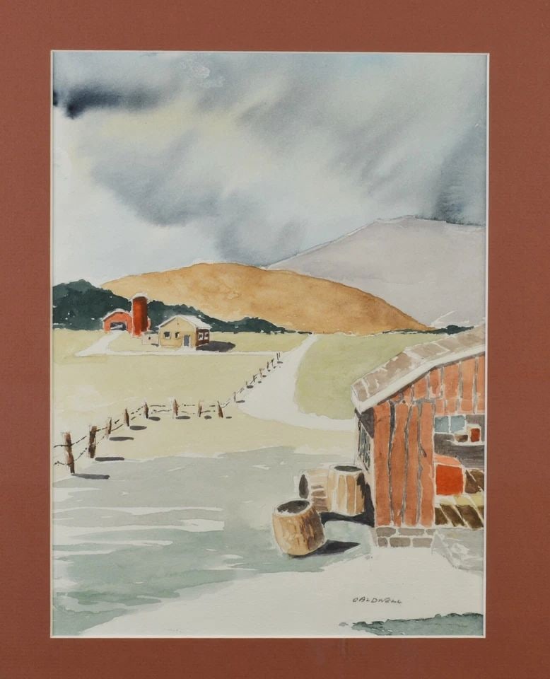 VINTAGE WATERCOLOR PAINTING - COUNTRY FARM FIELDS BARN LANDSCAPE - CALDWELL (1 of 2)