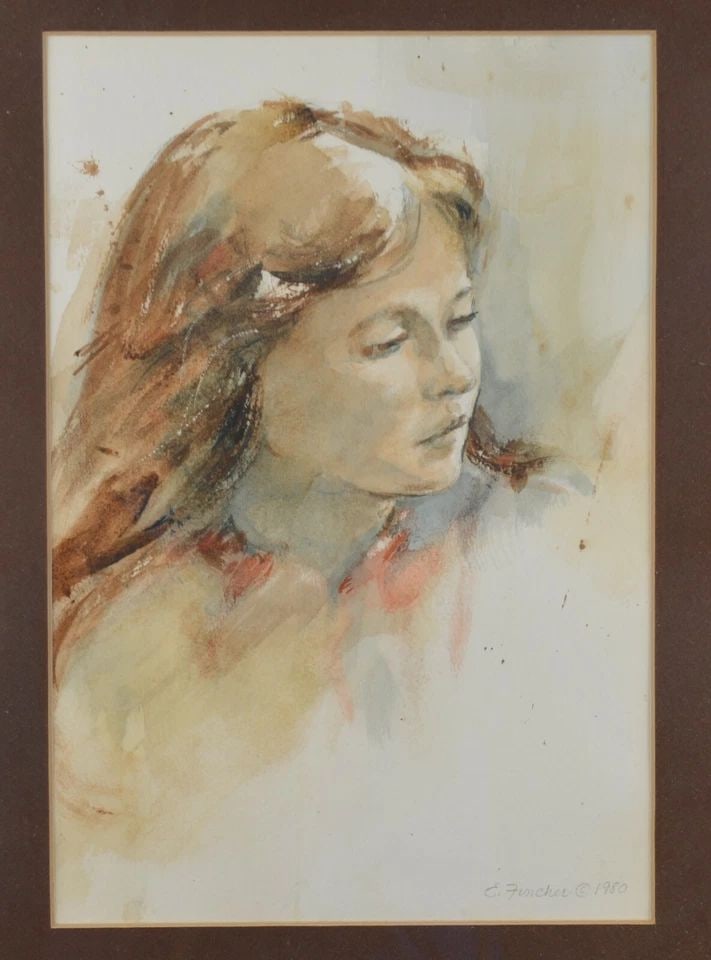 VINTAGE WATERCOLOR PAINTING - PORTRAIT OF A WOMAN - E. FINCHER: VINTAGE WATERCOLOR PAINTING - PORTRAIT OF A WOMAN - E. FINCHER Item Lovely watercolor painting of young woman. The painting has been nicely matted, framed with a simple metal frame and covered with pl