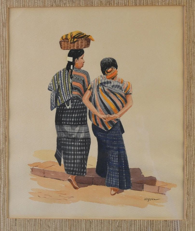 VINTAGE WATERCOLOR PAINTING - TWO THAI VILLAGE WOMEN - INDONESIA - BAMBOO FRAME: VINTAGE WATERCOLOR PAINTING - TWO THAI VILLAGE WOMEN - INDONESIA - BAMBOO FRAME Item Description: This vintage watercolor painting shows two women, possibly a mother and daughter. A baby is carried in