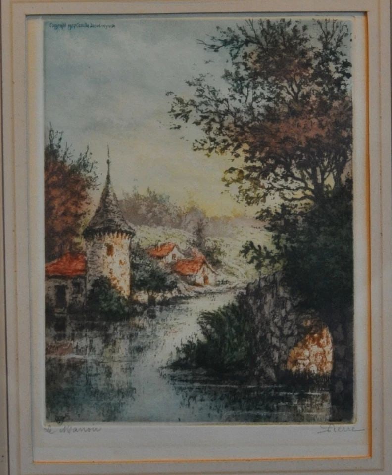 VINTAGE SIGNED COLORED ETCHING FRANCE RIVER "THE MANOR" CAMILLA LUCAS BOYER 1937 (1 of 2)