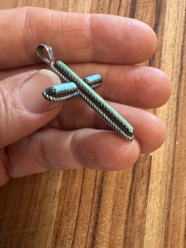 VINTAGE NAVAJO STERLING SILVER CROSS PENDANT - TURQUOISE INLAY - 1.75" TALL: This sterling silver Zuni cross pendant has been beautifully inlaid with turquoise. The cross is 1 3/4" tall. It is signed with the R hallmark of the artist and is in great vintage condition. Througho