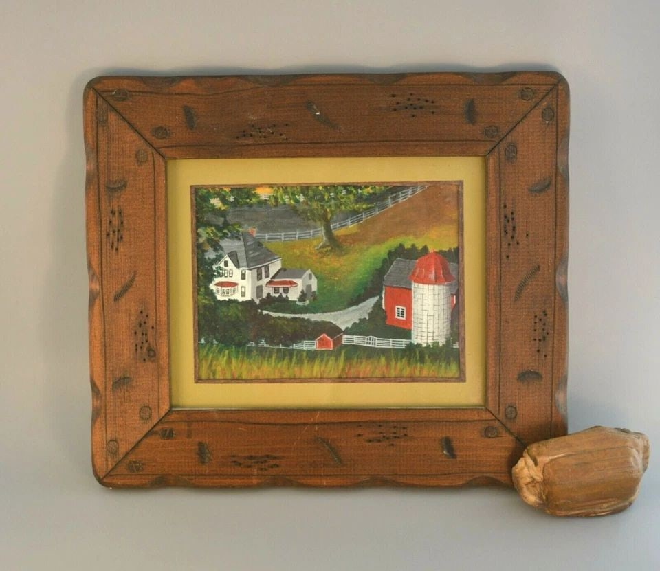VTG OIL PAINTING - OLD WHITE FARMHOUSE SILO BARN - FOLK ART - WOOD FRAME (1 of 2)