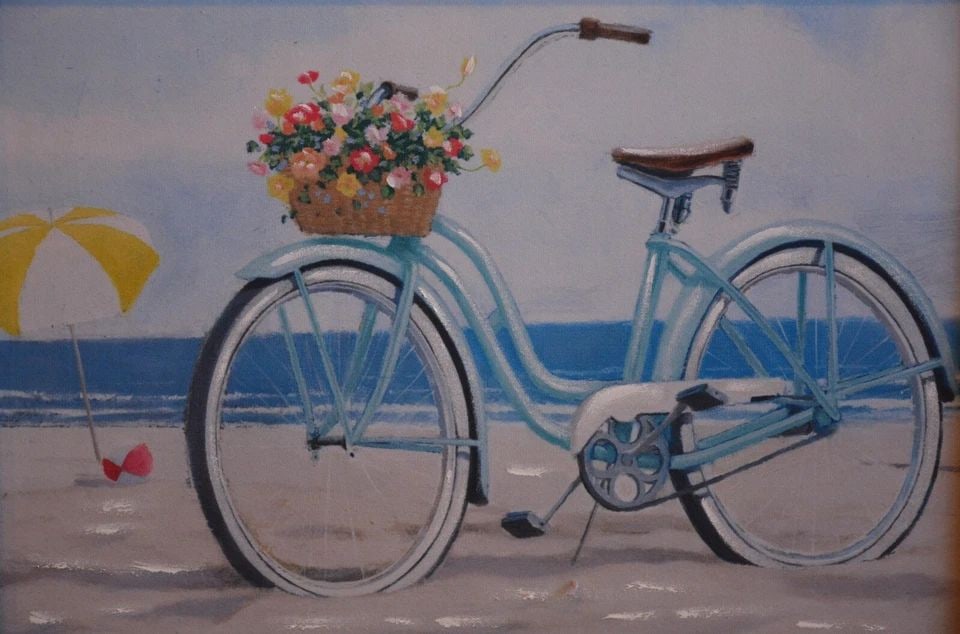 JAMES WIENS - LIGHT BLUE CRUISER BICYCLE FLOWER BASKET AT BEACH - CANVAS PRINT (1 of 2)