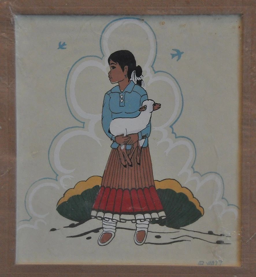 BEATIEN YAZZ (1925-) ORIGINAL SILKSCREEN PRINT - NAVAJO GIRL HOLDING LAMB - TEWA (1 of 2)