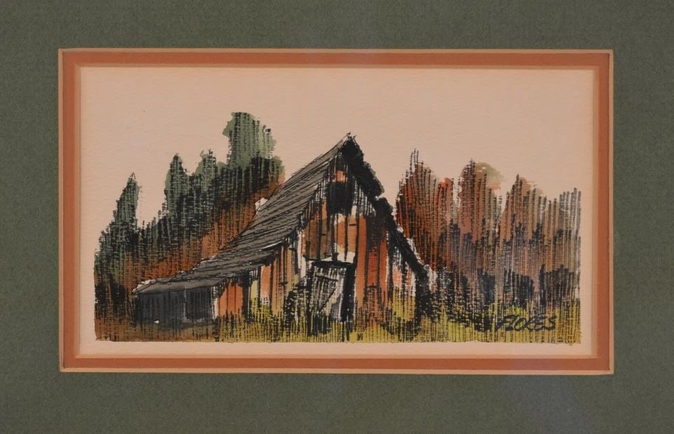 FRAMED MIXED MEDIA WATERCOLOR PAINTING - OLD BARN - SIGNED FLORES: FRAMED MIXED MEDIA WATERCOLOR PAINTING - OLD BARN - SIGNED FLORES Item Description: This mixed media painting on paper looks to be pen and ink with watercolor wash. Within mat, it measures 4 1/8" by 7