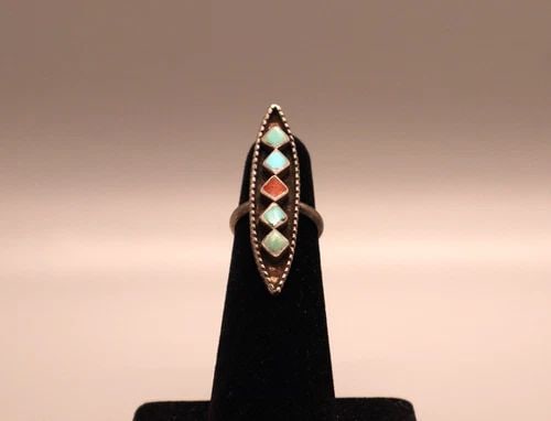 OLD PAWN ZUNI TURQUOISE AND CORAL RING SIZE 4 1/4: OLD PAWN ZUNI TURQUOISE AND CORAL RING SIZE 4 1/4 Item Description: 1 1/2 " Tall