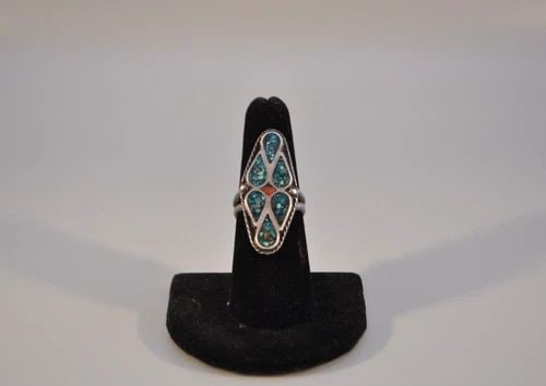 OLD PAWN NAVAJO STERLING SILVER RING TURQUOISE SIZE 6 3/4: OLD PAWN NAVAJO STERLING SILVER RING TURQUOISE SIZE 6 3/4 Weight 9.02 Grams 1 3/8" Tall Old Pawn Jewelry dates from the early 1900s to the 1970s. Most of it is not signed because it wasn't the
