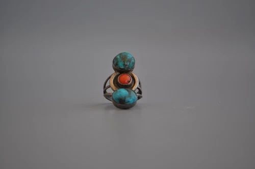 OLD PAWN NAVAJO STERLING SILVER RING - TURQUOISE CORAL SIZE 5 1/2: Weight 5.64 Grams 1" Tall Old Pawn Jewelry dates from the early 1900s to the 1970s. Most of it is not signed because it wasn't the Native American tradition to sign the pieces they crafted. Most of th