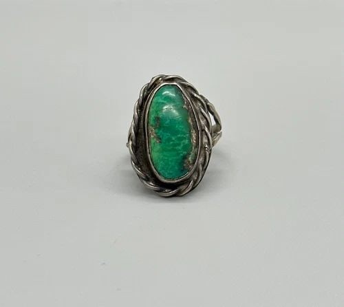 OLD PAWN NAVAJO STERLING SILVER AND TURQUOISE RING SIZE 4 1/4: Item Description: 7/8” tall