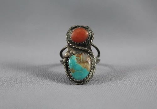 OLD PAWN NAVAJO STERLING AND TURQUOISE AND CORAL RING SIZE 6 3/4: Item Description: 1 1/8” tall