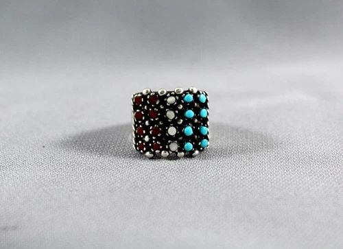 VINTAGE ZUNI STERLING SILVER ,TURQUOISE , CORAL , SHELL RING SIZE 5 1/2: VINTAGE ZUNI STERLING SILVER ,TURQUOISE , CORAL , SHELL RING SIZE 5 1/2 Item Description: 5/8” tall