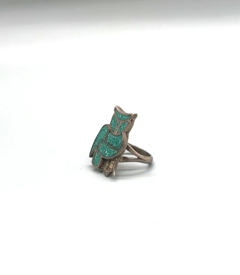 OLD PAWN NAVAJO STERLING AND TURQUOISE RING OWL SIZE 4 1/2 (1 of 1)