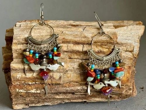 VINTAGE NAVAJO STERLING SILVER W STONES, BEADS AND SHELL BIRDS EARRINGS 3" DROP (1 of 2)