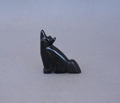 VINTAGE ZUNI FETISH CARVING - BLACK COYOTE INLAID TURQUOISE - HEARTLINE - SIGNED (1 of 2)
