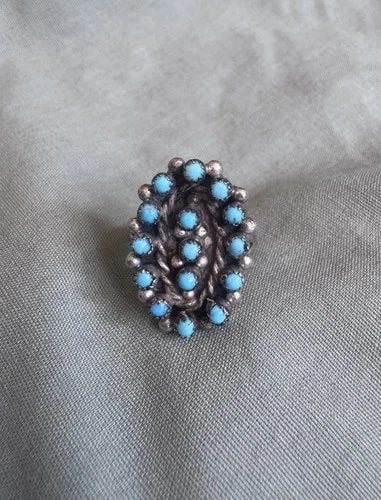 OLD PAWN STERLING SILVER AND TURQUOISE RING SIZE 6 1/2: OLD PAWN STERLING SILVER AND TURQUOISE RING SIZE 6 1/2 7/8" tall Throughout the 40 years that I have been in business, I have purchased jewelry from pawn shops throughout the Southwest that had collec