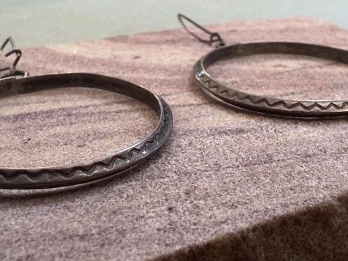 OLD PAWN NAVAJO STERLING SILVER LOOP EARRINGS 2 " DROP: OLD PAWN NAVAJO STERLING SILVER LOOP EARRINGS 2 " DROP 2 " Drop x 1 3/8 " Wide Throughout the 40 years that I have been in business, I have purchased jewelry from pawn shops throughout the Southwest t