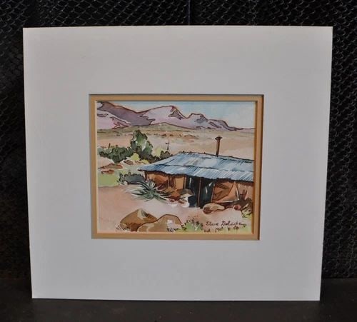 WATERCOLOR PAINTING - OLD TIN ROOF SHACK - OATMAN ARIZONA - ELSIE GOLDSTEIN: WATERCOLOR PAINTING - OLD TIN ROOF SHACK - OATMAN ARIZONA - ELSIE GOLDSTEIN Item Description: This delightful watercolor painting was done by artist Elsie Goldstein. It shows an old tin roof shack in 