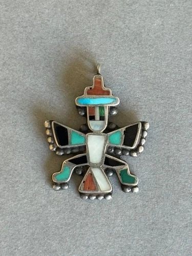 OLD PAWN ZUNI STERLING SILVER KNIFEWING INLAID STONE, CORAL AND SHELL PENDANT: OLD PAWN ZUNI STERLING SILVER KNIFEWING INLAID STONE, CORAL AND SHELL PENDANT Old Pawn Zuni Sterling Silver Knifewing Inlaid Stone, Coral and Shell Pendant 1 3/8" Tall