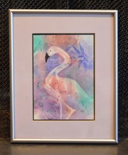 GERI WARD - WATERCOLOR PAINTING - PINK FLAMINGO - SOFT PASTELS - MATTED FRAMED (1 of 2)