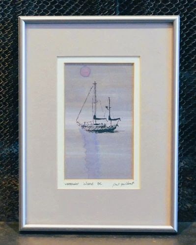 PAT GODBOUT - WATERCOLOR PAINTING VANCOUVER ISLAND BC SAILING SHIP AT SEA SUNSET (1 of 2)