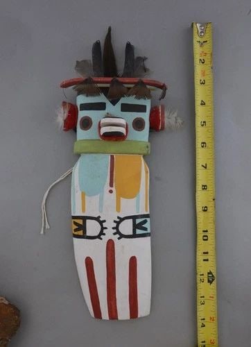 LARGE VINTAGE HOPI FLAT KACHINA - 13" TALL - ANTELOPE COTTONWOOD: LARGE VINTAGE HOPI FLAT KACHINA - 13" TALL - ANTELOPE COTTONWOOD Item Description: This vintage Hopi antelope kachina is 13" tall, not including the feathers. It is missing the triangular feather on o